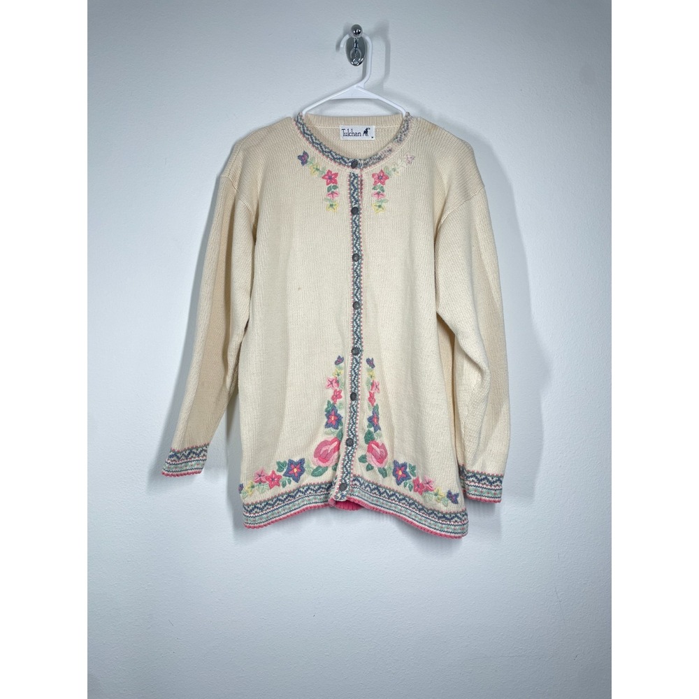 Vintage Tulchan Cardigan Womens S-L Cream Fair Isle Nordic Sweater Apres Ski